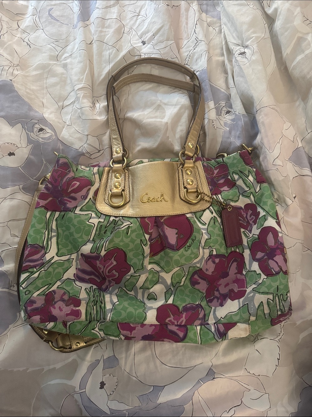 Coach Floral Canvas Tote in Pink, Green & Gold Hardware